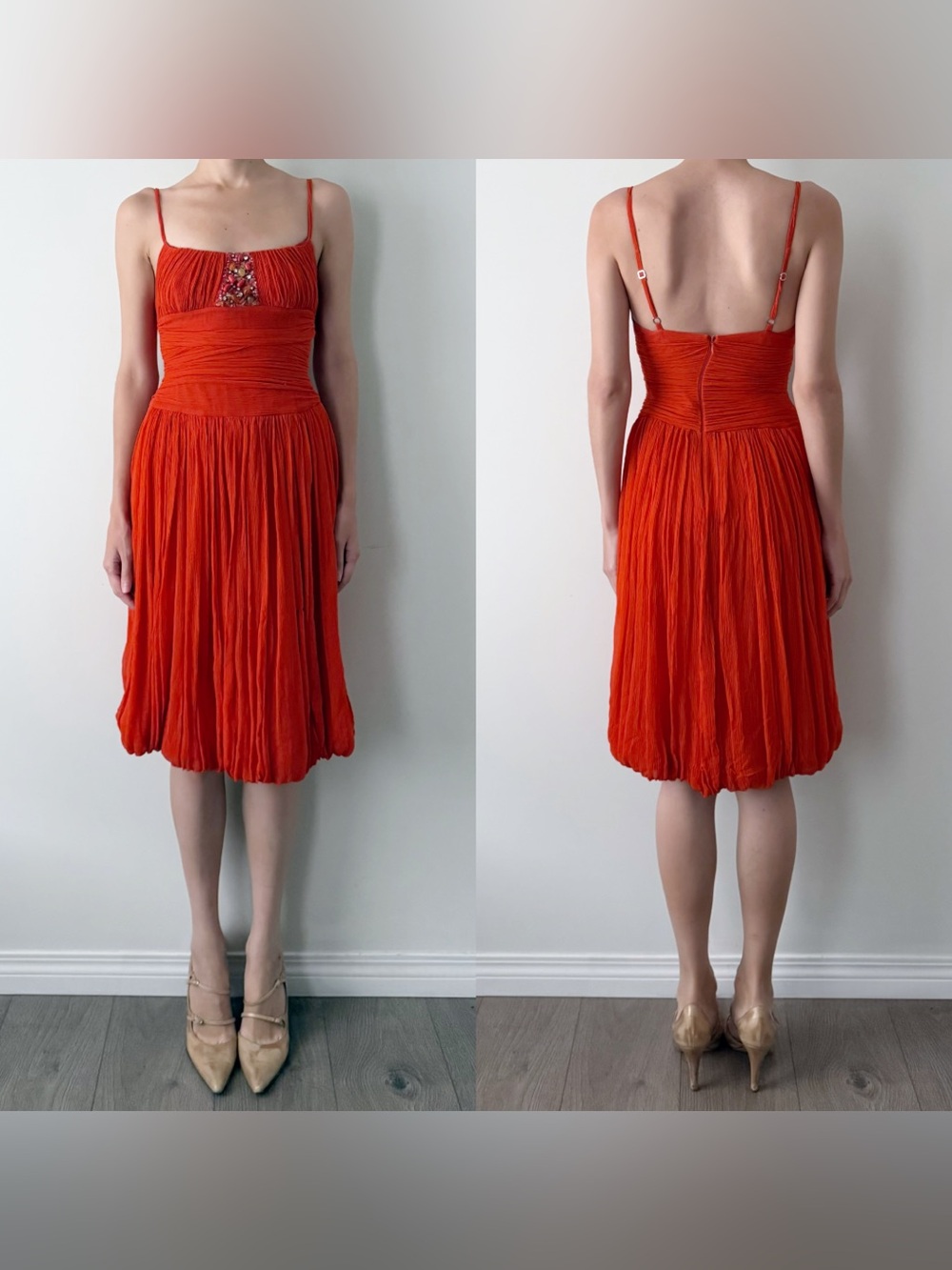 BCBGMAXAZRIA orange 100% silk bubble style midi dress